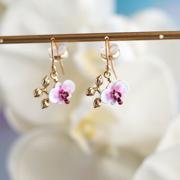 Pink orchid enamel earrings - Picture 7 of 9